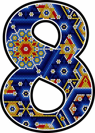number 8 with colorful dots. Abstract design inspired in mexican huichol art style isolated on white backgroundのイラスト素材