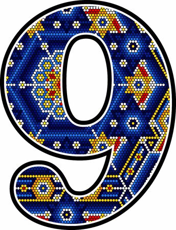 number 9 with colorful dots. Abstract design inspired in mexican huichol art style isolated on white backgroundのイラスト素材