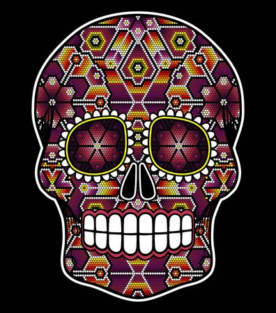 vector illustration of colorful beaded skull inspired in mexican huichol art and traditional sugar skull from Mexico. Popular symbol of "dia de muertos". Isolated on black backgroundのイラスト素材