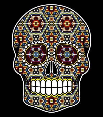 vector illustration of colorful beaded skull inspired in mexican huichol art and traditional sugar skull from Mexico. Popular symbol of "dia de muertos". Isolated on black backgroundのイラスト素材