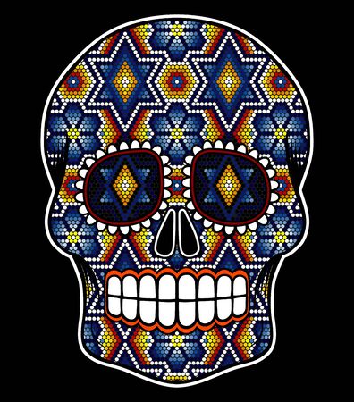 vector illustration of colorful beaded skull inspired in mexican huichol art and traditional sugar skull from Mexico. Popular symbol of "dia de muertos". Isolated on black backgroundのイラスト素材