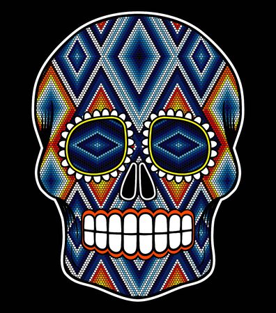 vector illustration of colorful beaded skull inspired in mexican huichol art and traditional sugar skull from Mexico. Popular symbol of "dia de muertos". Isolated on black backgroundのイラスト素材