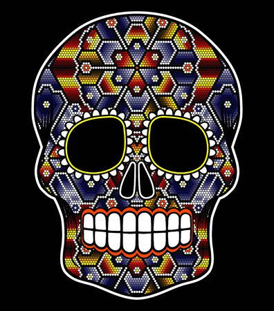vector illustration of colorful beaded skull inspired in mexican huichol art and traditional sugar skull from Mexico. Popular symbol of "dia de muertos". Isolated on black backgroundのイラスト素材