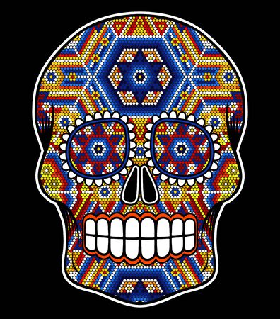 vector illustration of colorful beaded skull inspired in mexican huichol art and traditional sugar skull from Mexico. Popular symbol of "dia de muertos". Isolated on black backgroundのイラスト素材