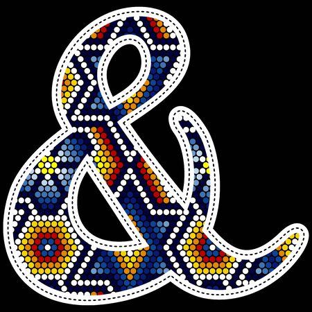 ampersand symbol with colorful dots. Abstract design inspired in mexican huichol beaded craft art style. Isolated on black backgroundのイラスト素材