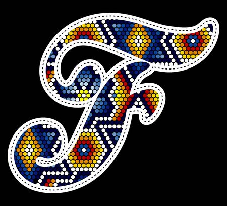 initial capital letter F with colorful dots. Abstract design inspired in mexican huichol beaded craft art style. Isolated on black backgroundのイラスト素材