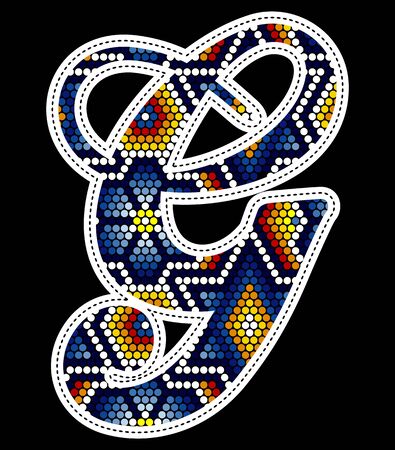 initial capital letter G with colorful dots. Abstract design inspired in mexican huichol beaded craft art style. Isolated on black backgroundのイラスト素材