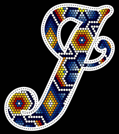 initial capital letter J with colorful dots. Abstract design inspired in mexican huichol beaded craft art style. Isolated on black backgroundのイラスト素材