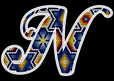 initial capital letter N with colorful dots. Abstract design inspired in mexican huichol beaded craft art style. Isolated on black backgroundのイラスト素材