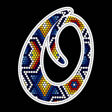 initial capital letter O with colorful dots. Abstract design inspired in mexican huichol beaded craft art style. Isolated on black backgroundのイラスト素材