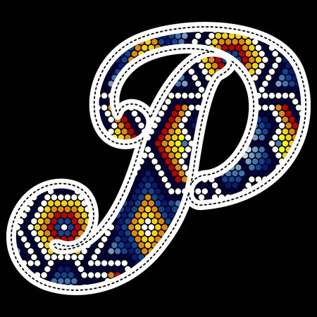 initial capital letter P with colorful dots. Abstract design inspired in mexican huichol beaded craft art style. Isolated on black backgroundのイラスト素材