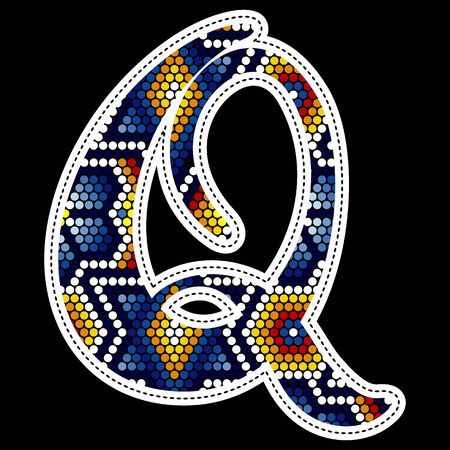 initial capital letter Q with colorful dots. Abstract design inspired in mexican huichol beaded craft art style. Isolated on black backgroundのイラスト素材