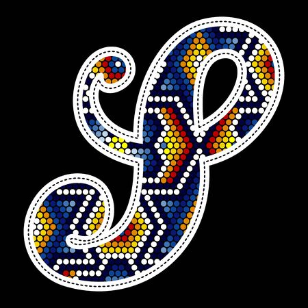 initial capital letter S with colorful dots. Abstract design inspired in mexican huichol beaded craft art style. Isolated on black backgroundのイラスト素材