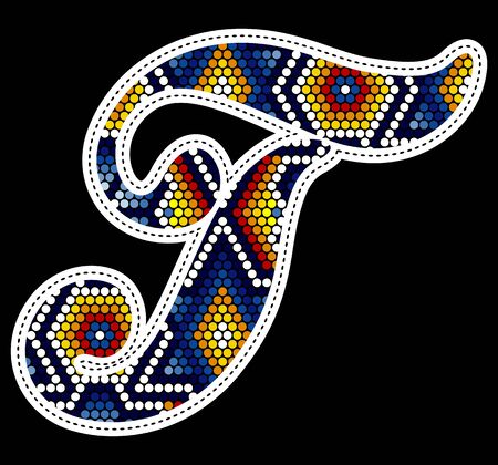 initial capital letter T with colorful dots. Abstract design inspired in mexican huichol beaded craft art style. Isolated on black backgroundのイラスト素材