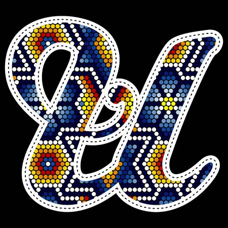 initial capital letter U with colorful dots. Abstract design inspired in mexican huichol beaded craft art style. Isolated on black backgroundのイラスト素材