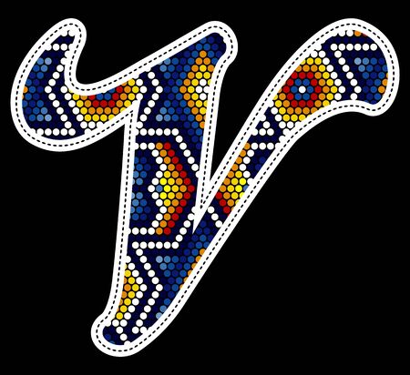 initial capital letter V with colorful dots. Abstract design inspired in mexican huichol beaded craft art style. Isolated on black backgroundのイラスト素材
