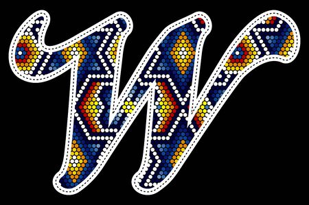 initial capital letter W with colorful dots. Abstract design inspired in mexican huichol beaded craft art style. Isolated on black backgroundのイラスト素材