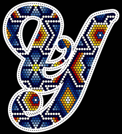 initial capital letter Y with colorful dots. Abstract design inspired in mexican huichol beaded craft art style. Isolated on black backgroundのイラスト素材