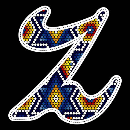 initial capital letter Z with colorful dots. Abstract design inspired in mexican huichol beaded craft art style. Isolated on black backgroundのイラスト素材