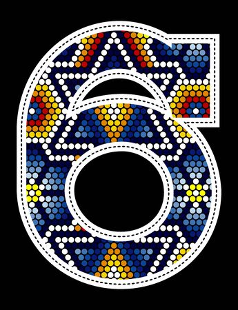 number 6 with colorful dots abstract design inspired in mexican huichol art style isolated on black backgroundのイラスト素材