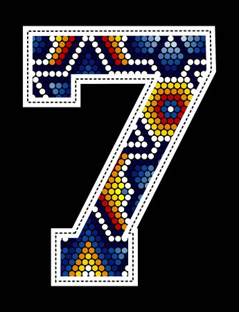 number 7 with colorful dots abstract design inspired in mexican huichol art style isolated on black backgroundのイラスト素材