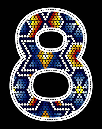 number 8 with colorful dots abstract design inspired in mexican huichol art style isolated on black backgroundのイラスト素材