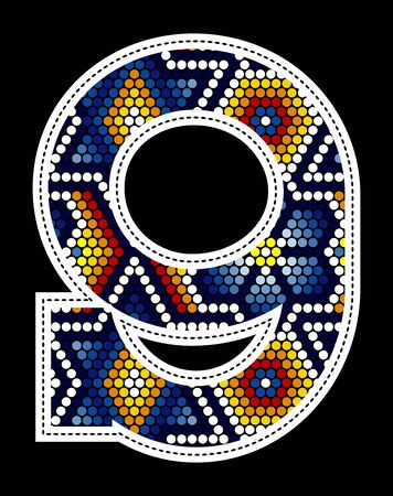 number 9 with colorful dots abstract design inspired in mexican huichol art style isolated on black backgroundのイラスト素材