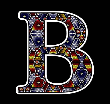 initial capital letter b with colorful dots. Abstract design inspired in mexican huichol beaded craft art style. Isolated on black backgroundのイラスト素材