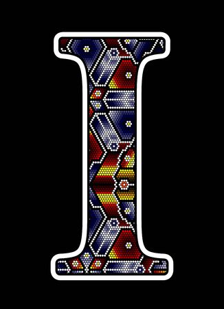 initial capital letter I with colorful dots. Abstract design inspired in mexican huichol beaded craft art style. Isolated on black backgroundのイラスト素材