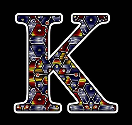 initial capital letter K with colorful dots. Abstract design inspired in mexican huichol beaded craft art style. Isolated on black backgroundのイラスト素材