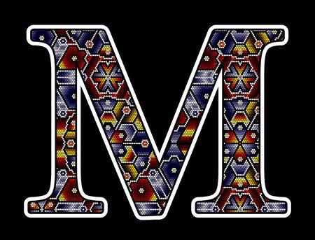 initial capital letter M with colorful dots. Abstract design inspired in mexican huichol beaded craft art style. Isolated on black backgroundのイラスト素材