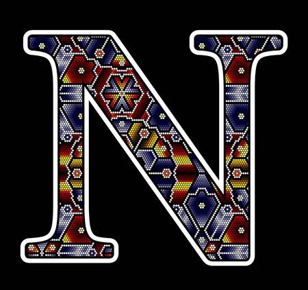 initial capital letter N with colorful dots. Abstract design inspired in mexican huichol beaded craft art style. Isolated on black backgroundのイラスト素材
