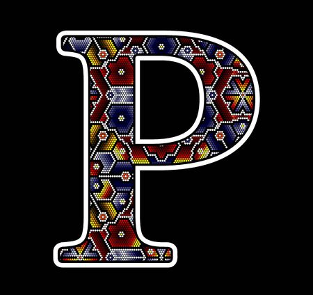 initial capital letter P with colorful dots. Abstract design inspired in mexican huichol beaded craft art style. Isolated on black backgroundのイラスト素材