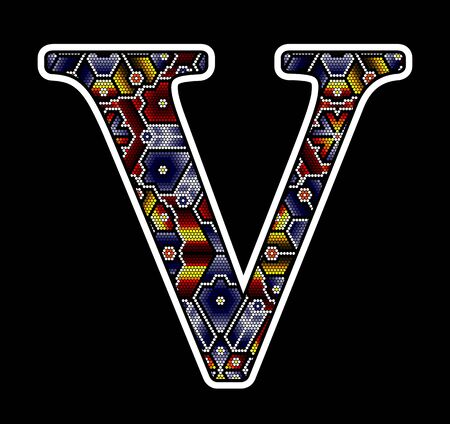 initial capital letter V with colorful dots. Abstract design inspired in mexican huichol beaded craft art style. Isolated on black backgroundのイラスト素材