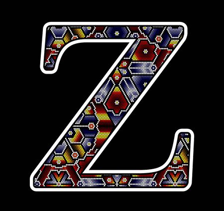 initial capital letter Z with colorful dots. Abstract design inspired in mexican huichol beaded craft art style. Isolated on black backgroundのイラスト素材