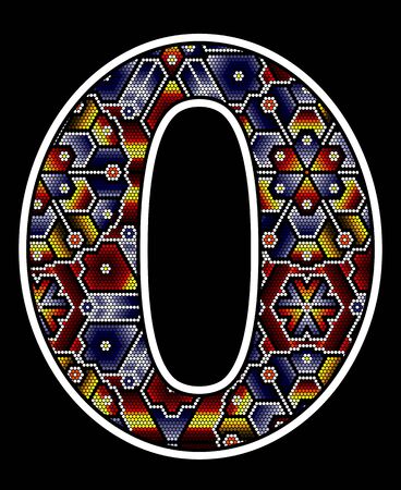 number 0 with colorful dots. Abstract design inspired in mexican huichol beaded art style. Isolated on black backgroundのイラスト素材
