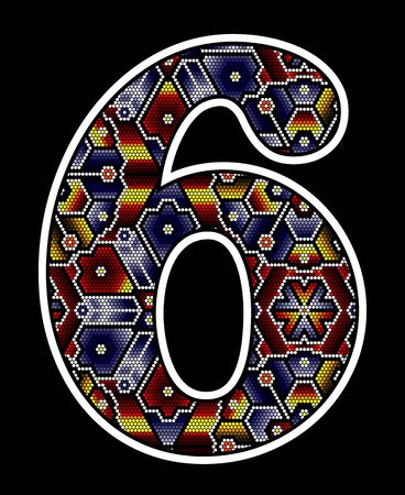 number 6 with colorful dots. Abstract design inspired in mexican huichol beaded art style. Isolated on black backgroundのイラスト素材