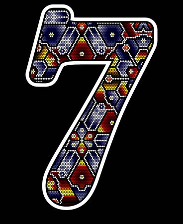 number 7 with colorful dots. Abstract design inspired in mexican huichol beaded art style. Isolated on black backgroundのイラスト素材