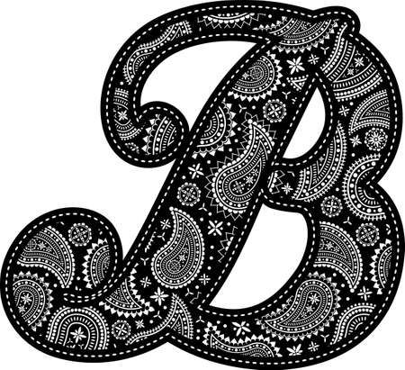 capital letter B with paisley pattern design. Embroidery style in black color. Isolated on whiteのイラスト素材