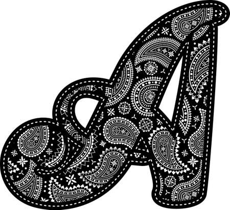 capital letter A with paisley pattern design. Embroidery style in black color. Isolated on whiteのイラスト素材
