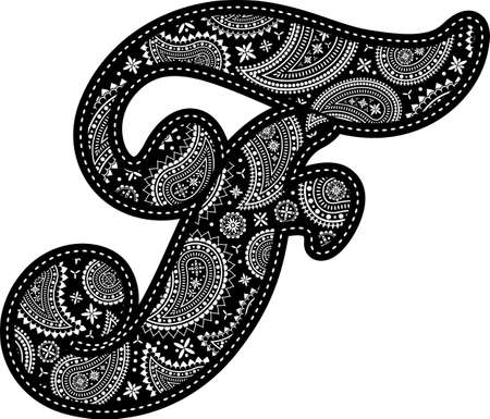 capital letter F with paisley pattern design. Embroidery style in black color. Isolated on whiteのイラスト素材