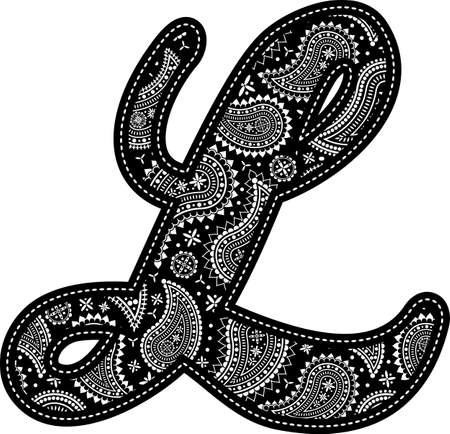capital letter L with paisley pattern design. Embroidery style in black color. Isolated on whiteのイラスト素材