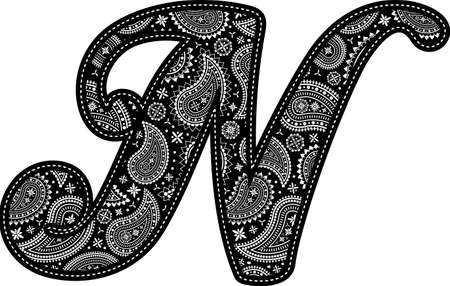 capital letter N with paisley pattern design. Embroidery style in black color. Isolated on whiteのイラスト素材