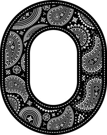number 0 with paisley pattern design. Embroidery style in black color. Isolated on whiteのイラスト素材