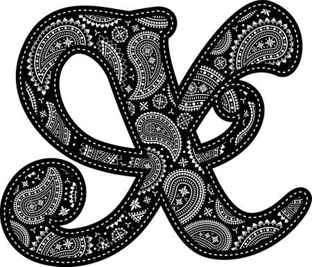 capital letter X with paisley pattern design. Embroidery style in black color. Isolated on whiteのイラスト素材