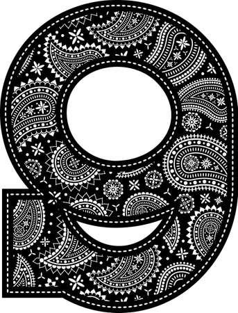 number 9 with paisley pattern design. Embroidery style in black color. Isolated on whiteのイラスト素材