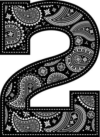 number 2 with paisley pattern design. Embroidery style in black color. Isolated on whiteのイラスト素材