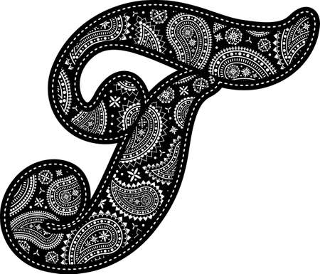 capital letter T with paisley pattern design. Embroidery style in black color. Isolated on whiteのイラスト素材