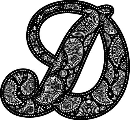 capital letter D with paisley pattern design. Embroidery style in black color. Isolated on whiteのイラスト素材