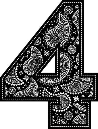 number 4 with paisley pattern design. Embroidery style in black color. Isolated on whiteのイラスト素材